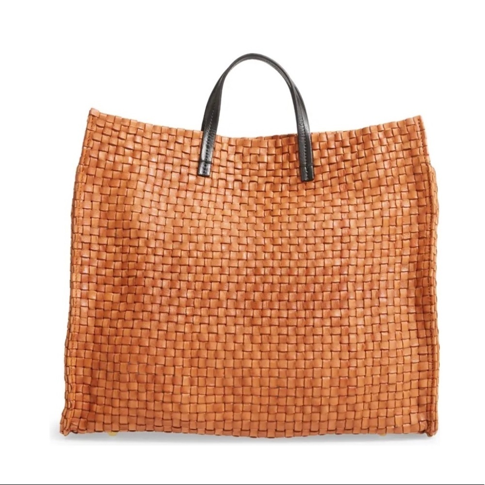 Clare V Simple Woven Leather Tote Natural Tan Black NWT